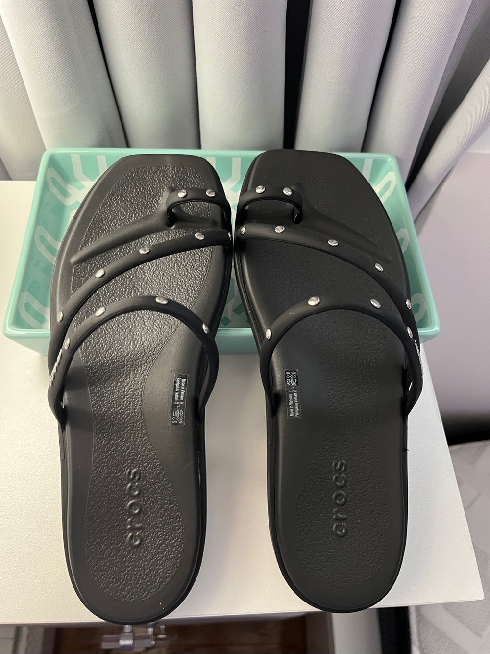 CROCS Women's Black Triple-Strap Studded Slide Sandals